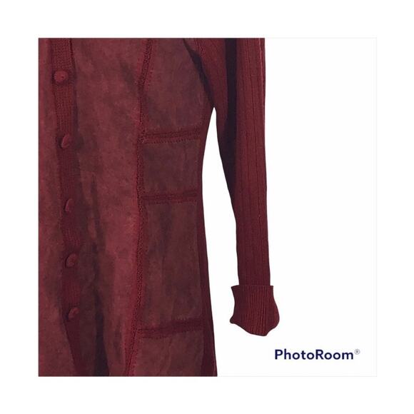 J. Jill Rustic Red Crochet Wool & Suede Patchwork Long Cardigan Sweater Jacket - Picture 7 of 16